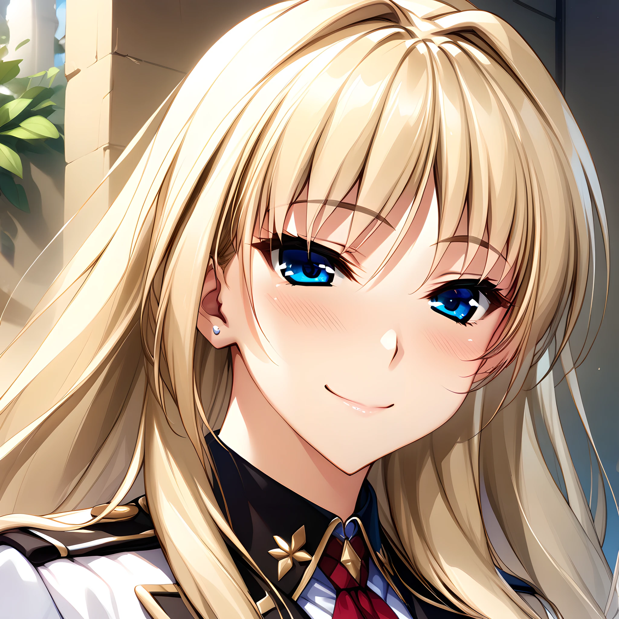 1girl, solo. silveria_leodiehl, blonde hair, blue eyes, large breasts, long hair, smile, portrait, close up, uniform, <lora:XL-SilveriaLeodiehl:1>, (masterpiece),(best quality),(ultra-detailed),(best illustration),(best shadow),(absurdres),(detailed background),(very aesthetic),