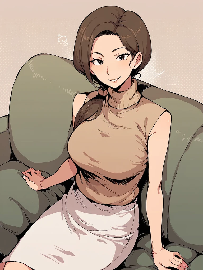 score_9, score_8_up, score_7_up, 
1girl, Kaede mc, mature female, brown hair, low-tied long hair, hair over shoulder, brown eyes,

beige shirt, sleeveless, turtleneck, white skirt, pencil skirt, sitting, on couch, smile, looking at viewer,

