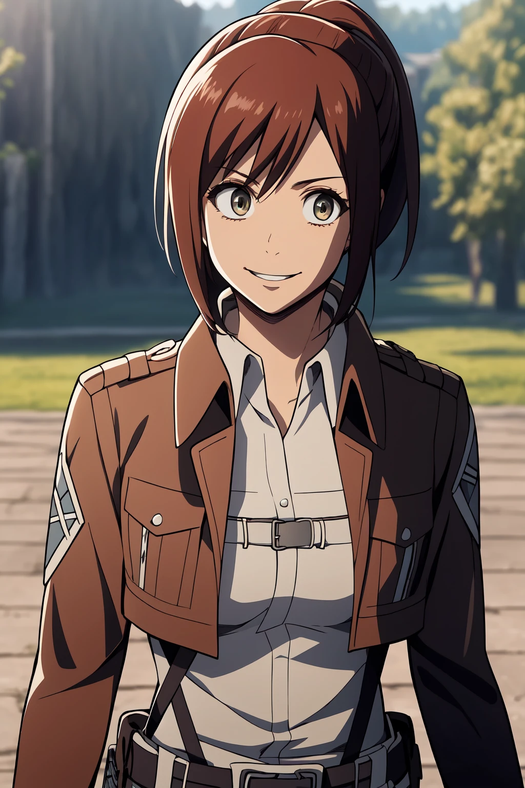 (RAW photo, best quality), 1girl,  natural lighting <lora:aot_sasha_young_v1_2:1> aot_sasha, smile, looking at viewer,
paradis military uniform, emblem, happy, cowboyshot,