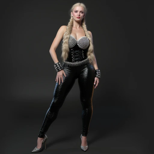 1fullbodyimage wide shot camera of an ultra extreme beautiful 21 years old woman with blonde long twin braid hair, white skin in a heavy metal black leather outfit with spike bra, silver buillet belt, black leather corset, skin thight black lether pants and black leather stiletto high heels with metal spikes, huge breasts, wide hips, well tuned legs, absurdres, high res, ultrasharp, 8K, masterpiece, Beautiful round breasts, Solo, delicate and sexy, shiny reflective blonde hair, Rosy skin: 0.8, (Masterpiece: 1.4), (Best quality: 1.4), Perfect abs, (Perspectiveal), Tight waist, Inner seam, hourglass body shape, navel, Blush, Voluptuous, huge breasts, tight top, cinematic volumetric lighting, shot with Sony Fx6