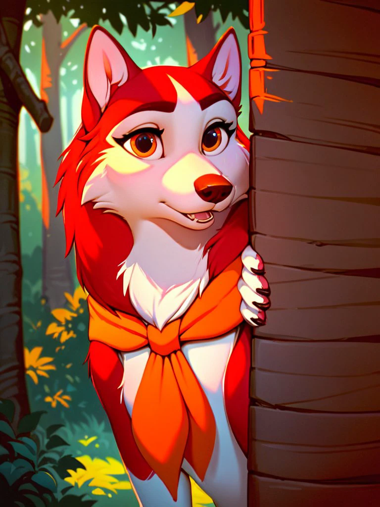 score_9, score_8_up, score_7_up, score_6_up, score_5_up, score_4_up, source_furry
Jenna, fluffy, husky amber eyes, two tone fur, red fur, furry girl, orange neckerchief, peeking out, upper body, hiding behind  tree, forest
 <lora:PeekingOut_pdxl_Incrs_v1:1> 
 <lora:Jenna_XL:0.9>