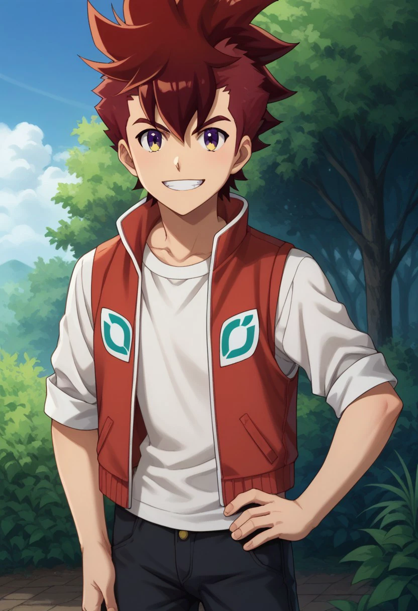 score_9, score_8_up, score_7_up, source_anime, highly detailed, 
rekka, 1boy, male focus, solo, red hair, purple eyes, yellow eyes, looking at viewer, pants, hand on hip, shirt, standing, white shirt, smile, grin, vest, jacket, spiked hair,
outdoor, sky, tree