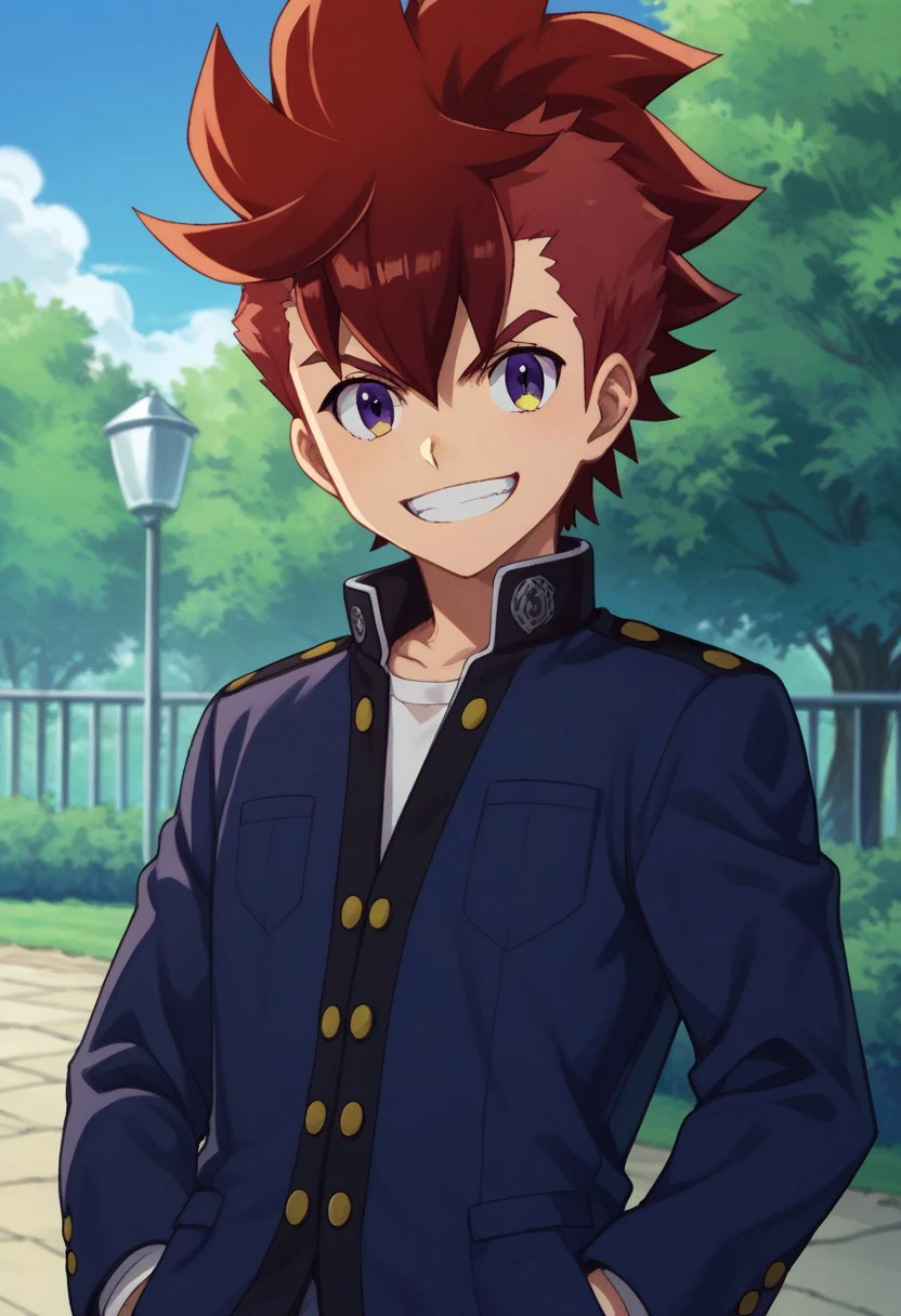 score_9, score_8_up, score_7_up, source_anime, highly detailed, 
rekka, 1boy, male focus, solo, red hair, purple eyes, yellow eyes, looking at viewer, spiked hair, school uniform, gakuran, hand in pocket, upper body, grin,
outdoor, sky, tree