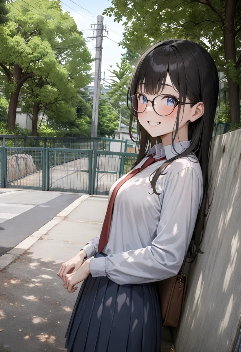 masterpiece, best quality, very aesthetic, absurdres,
1girl, solo, glasses, black hair, long hair, blue eyes, collared shirt, red necktie, pleated skirt, blue skirt, looking at viewer, blush, smile, happy, 
school gate, scenery, tree, outdoors, fence, day, building, power lines, real world location, sky
<lora:schoolgate_SDXL_V1:1>