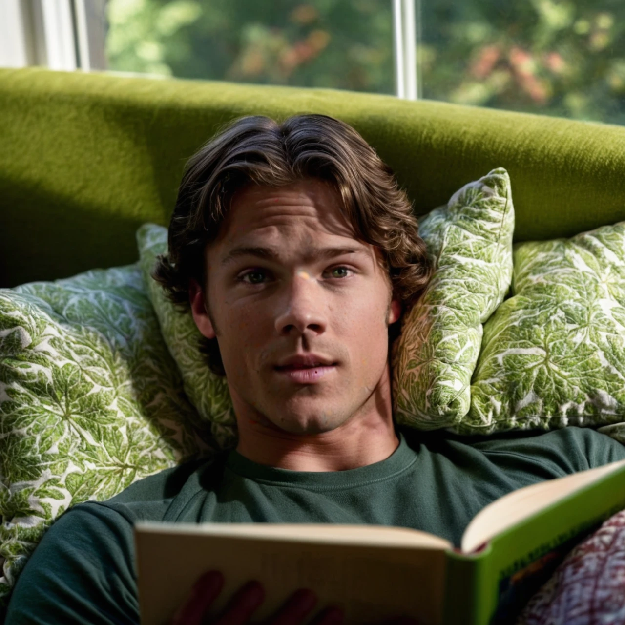 intricate details, ultra sharp, realism, realistic photography, (padalecki, 21 yo caucasian male model, athletic, green eyes, casual clothes), laying on his back in a cozy reading nook with colorful comfy pillows. Hands behind head. Large windows overlook a garden with old maple trees. The sun shines on his face as he looks closely at the viewer. Close-up portrait, raw photo, professional lighting.