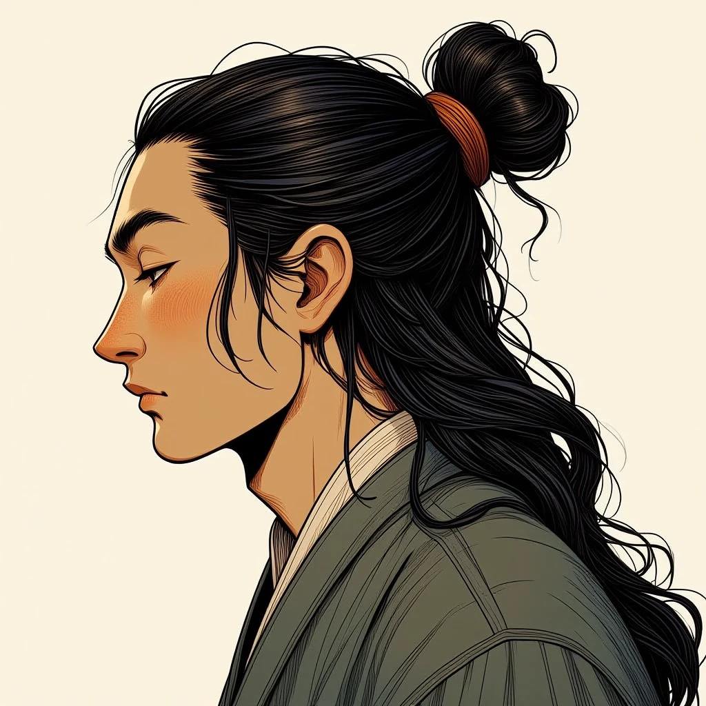 solo, black hair, 1boy, closed eyes, long hair, male focus, hair bun, asian