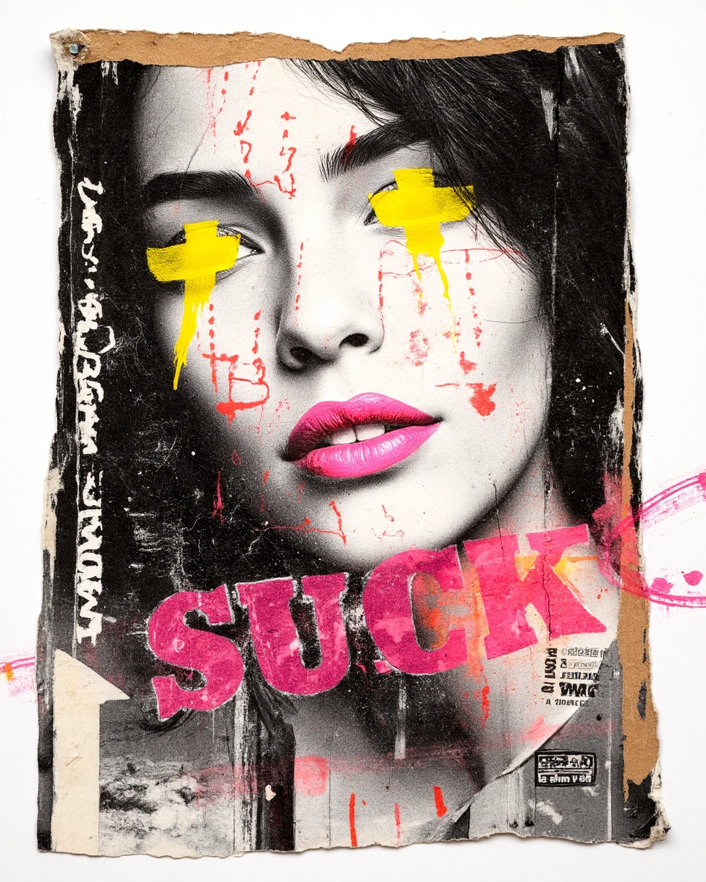 mm_collage, portrait of a womens face with yellow painted crosses on her eyes, pink lips, and the word "SUCK" at thwe bottom of the page, torn magazine, street art, punk collage