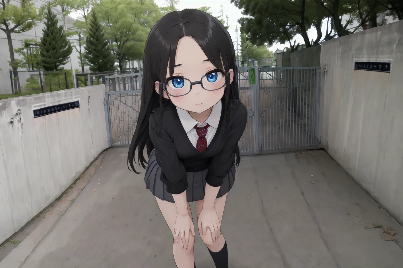 masterpiece, best quality, ultra-detailed, illustration,masterpiece, best quality, very aesthetic, absurdres,
1girl, solo, glasses, black hair, long hair, blue eyes, collared shirt, red necktie, pleated skirt, blue skirt, looking at viewer, blush, 
school gate, scenery, tree, outdoors, fence, day, grass, building, real world location
 <lora:schoolgate_SD15_V1:1>