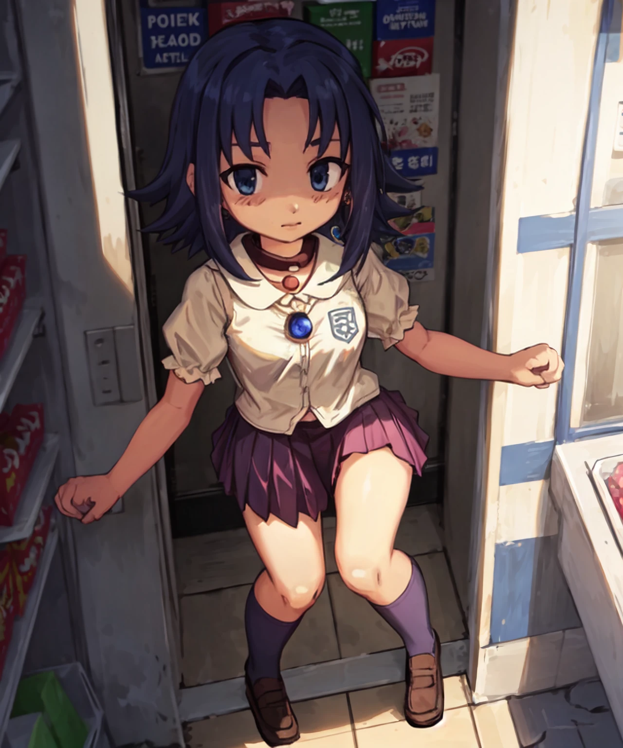 masterpiece, best quality, highres, 1girl, solo, cute,smile, from above, full body, store, convenience store, dawn, (dynamic pose:1.2), shy, blush
<lora:clotho-10:1> clotho, blue eyes, blue hair, white shirt, short puffy sleeves, miniskirt, school uniform, jewelry, necklace, collar