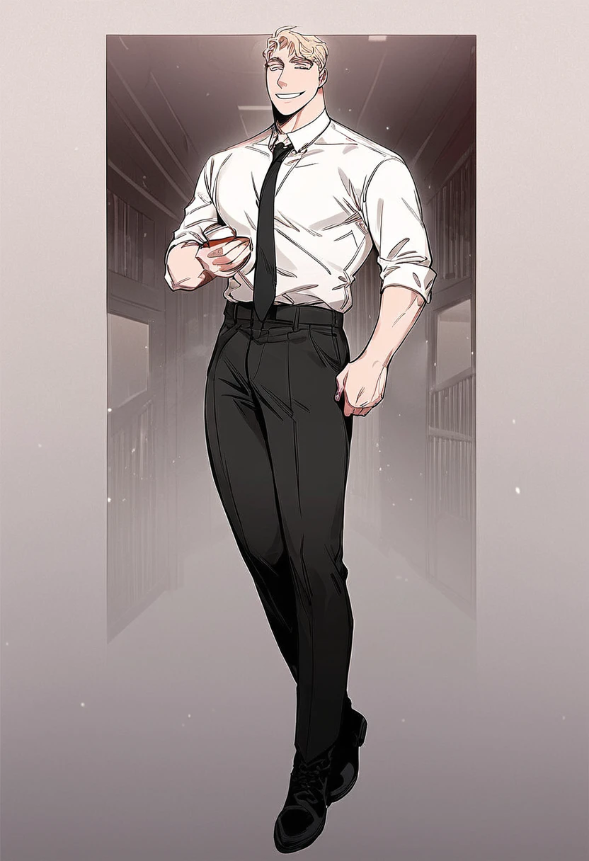 score_9, score_8_up, score_7_up, best quality, highres, 1boy, blonde hair, short hair, necktie, white shirt, formal, collared shirt, shirt, pants, black boots, male focus, full body, smile, detailed background, looking at viewer, <lora:Caesar_Roses_And_Champagne_:1>, dark room, under spotlight,