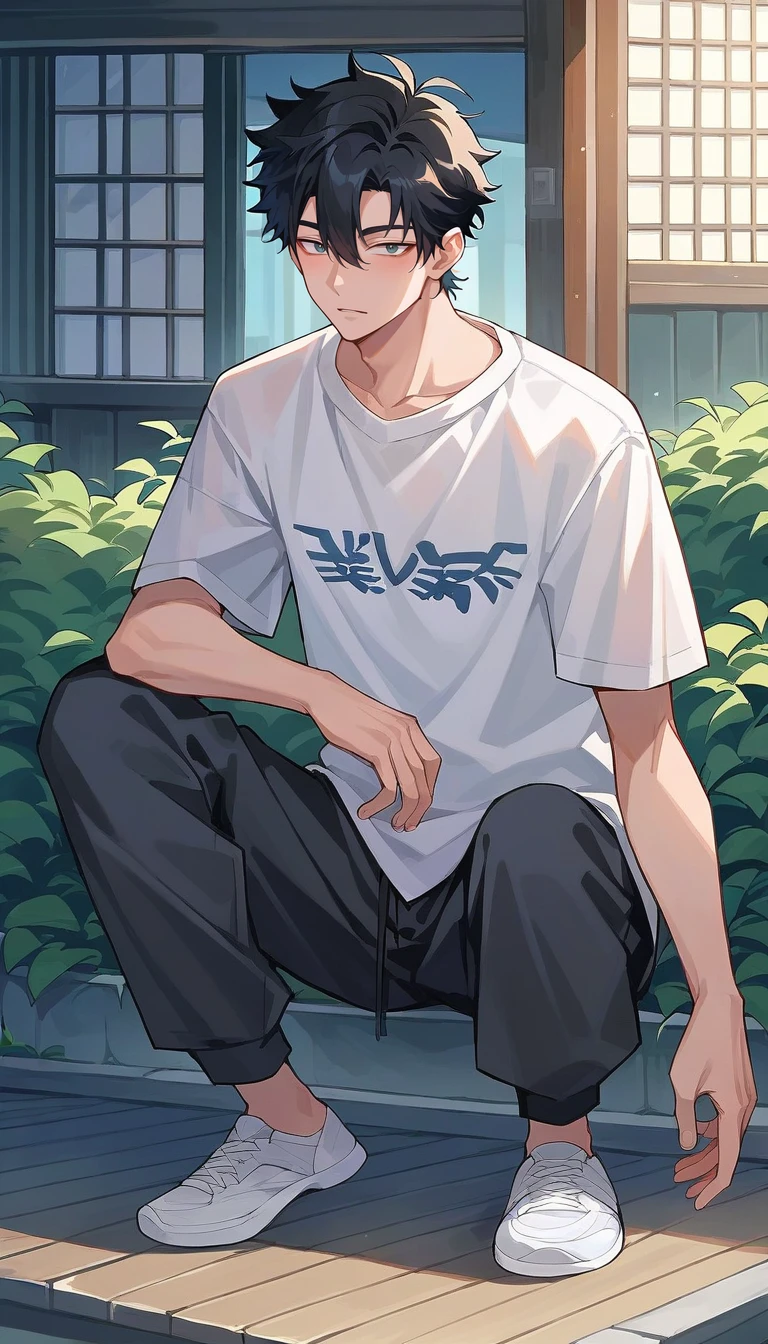 score_9,score_8_up,score_7_up,source_anime,1boy,chen_xiaoshi,male focus,black hair,short hair,shirt,hair between eyes,teenager,18 years old,pants,full body,,kneel on one knee,,<lora:Smooth Anime 2 Style SDXL_LoRA_Pony Diffusion V6 XL:0.8>,<lora:chen_xiaoshi:0.8>