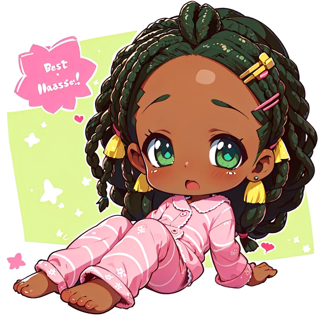 (masterpiece, best quality) 1girl, chibi, dark-skinned female, green eyes, dreadlocks, pink pajamas, sleepy <lora:unknown_chibi_style1:1>