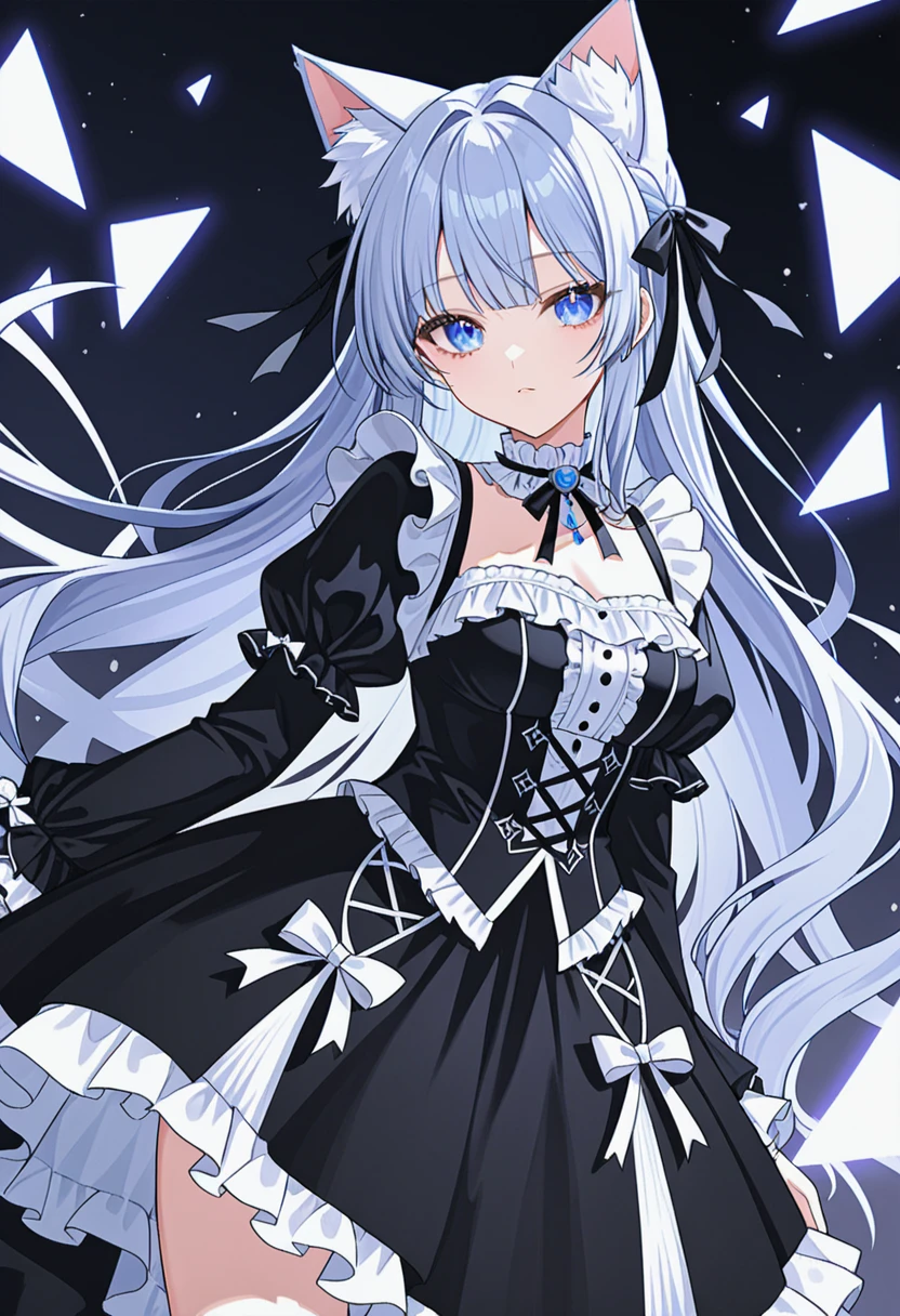 1girl,solo,very long hair,(dynamic angle:1.2),black dress,blue eyes,cat ear,frills,looking at viewer,jewelry,bangs,ta_fashion,
newest,very aesthetic,highly detailed,best quality,absurdres,