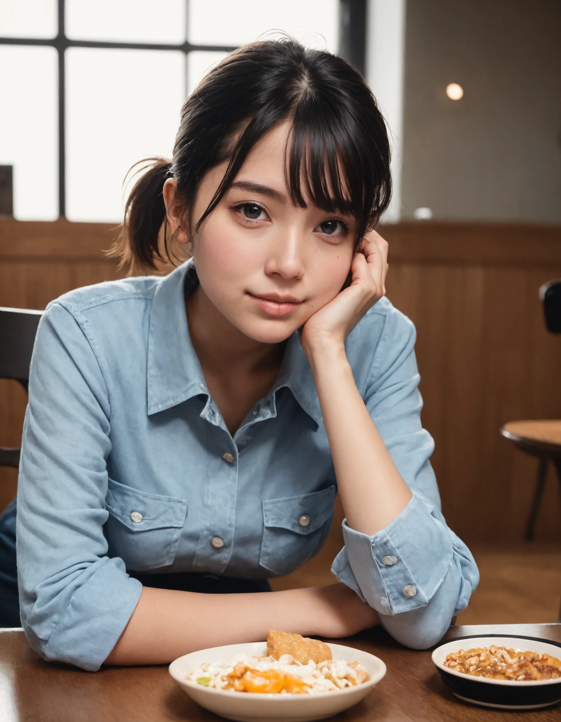 score_9, score_8_up, score_7_up,(Best quality:1.0),(masterpiece:1.0),photorealism, realistic, photorealistic,
1girl, solo,
(detail face:1.2),looking at viewer,
(black hair:1.1), (black eyes),
short ponytail hair,
(medium breasts:1.1),
slender,
BREAK
(japanese:1.2),
Denim collared shirt worn untucked with a button-front suede flared skirt and cowboy boots. , food court, area, seating, tables, chairs, food stalls
(light smile:0.5),
18yo,18 years old,