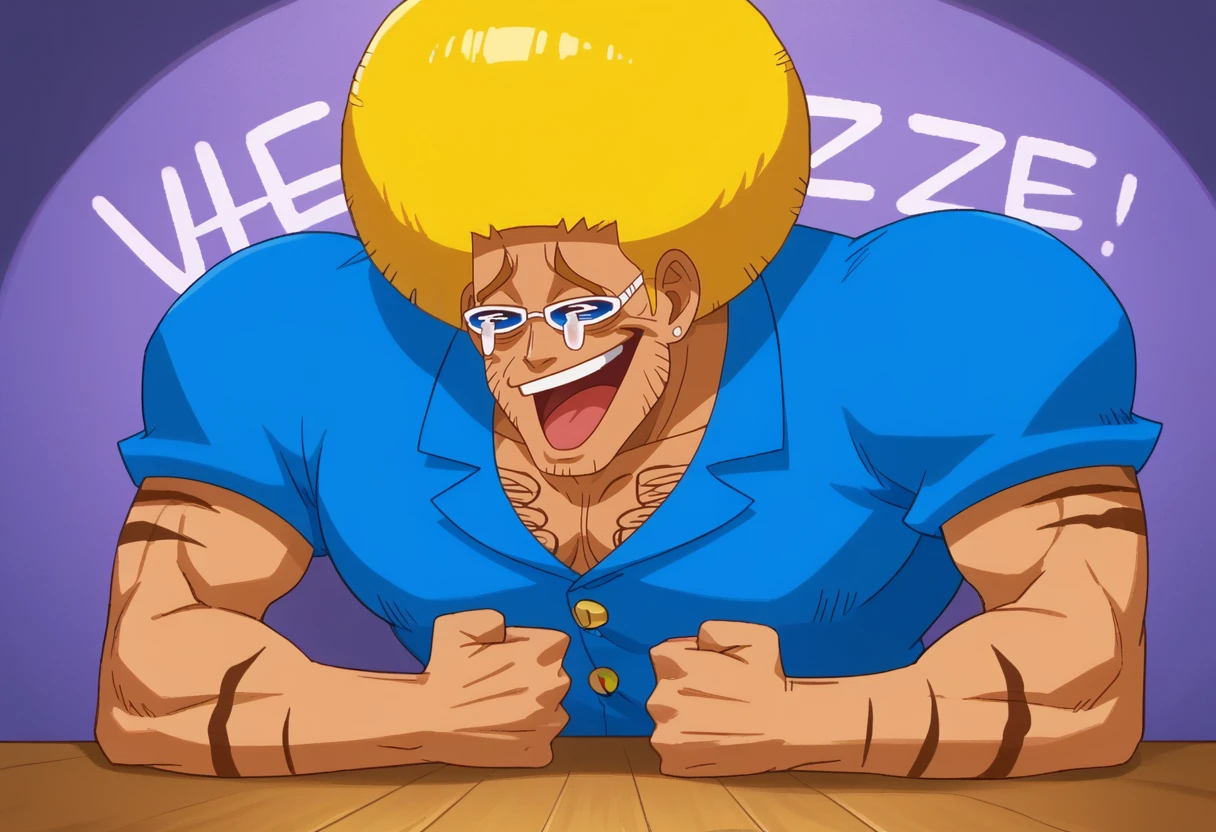 zPDXL3, indoors,
BREAK
(1boy, solo:1.2), bobobo-bo bo-bobo, (muscular), afro, blonde hair, sunglasses, chest hair, arm hair, blue shirt, upper body, dark-skinned male, manly, Wheeze, open mouth, tears, laughing, hand on table, english text, clenched hand
<lora:Bobobo-bo_Bo-bobo:1> <lora:add-detail-xl:2> <lora:Wheeze_XLPD:1>