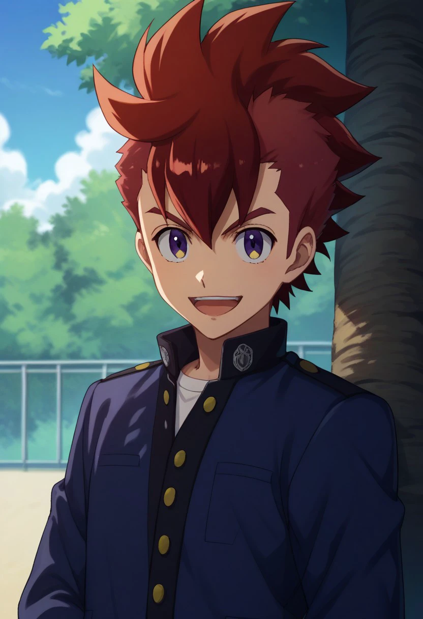 score_9, score_8_up, score_7_up, source_anime, highly detailed, 
rekka, 1boy, male focus, solo, red hair, purple eyes, yellow eyes, looking at viewer, spiked hair, school uniform, gakuran, upper body, smile, open mouth,
outdoor, sky, tree