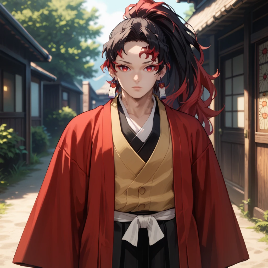 score_9, score_8_up, score_7_up, score_6_up BREAK k0h, 1boy, empty eyes, red eyes, long hair, ponytail, black hair, red hair, multicolored hair, scar on forehead, solo, red kimono, black hakama, hakama pants, wide sleeves, earrings, looking at viewer, cowboy shot, <lora:KokushiboPDXLv0.9tx1-000009:1>