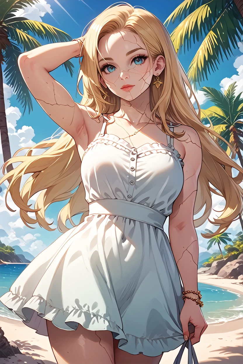 score_9, score_8_up, score_7_up, score_6_up
<lora:BGDameAylin:1.0>
BGDameAylin, 1girl, blonde hair, cracked skin, long hair, looking at viewer, on a tropical island, sundress, palm trees