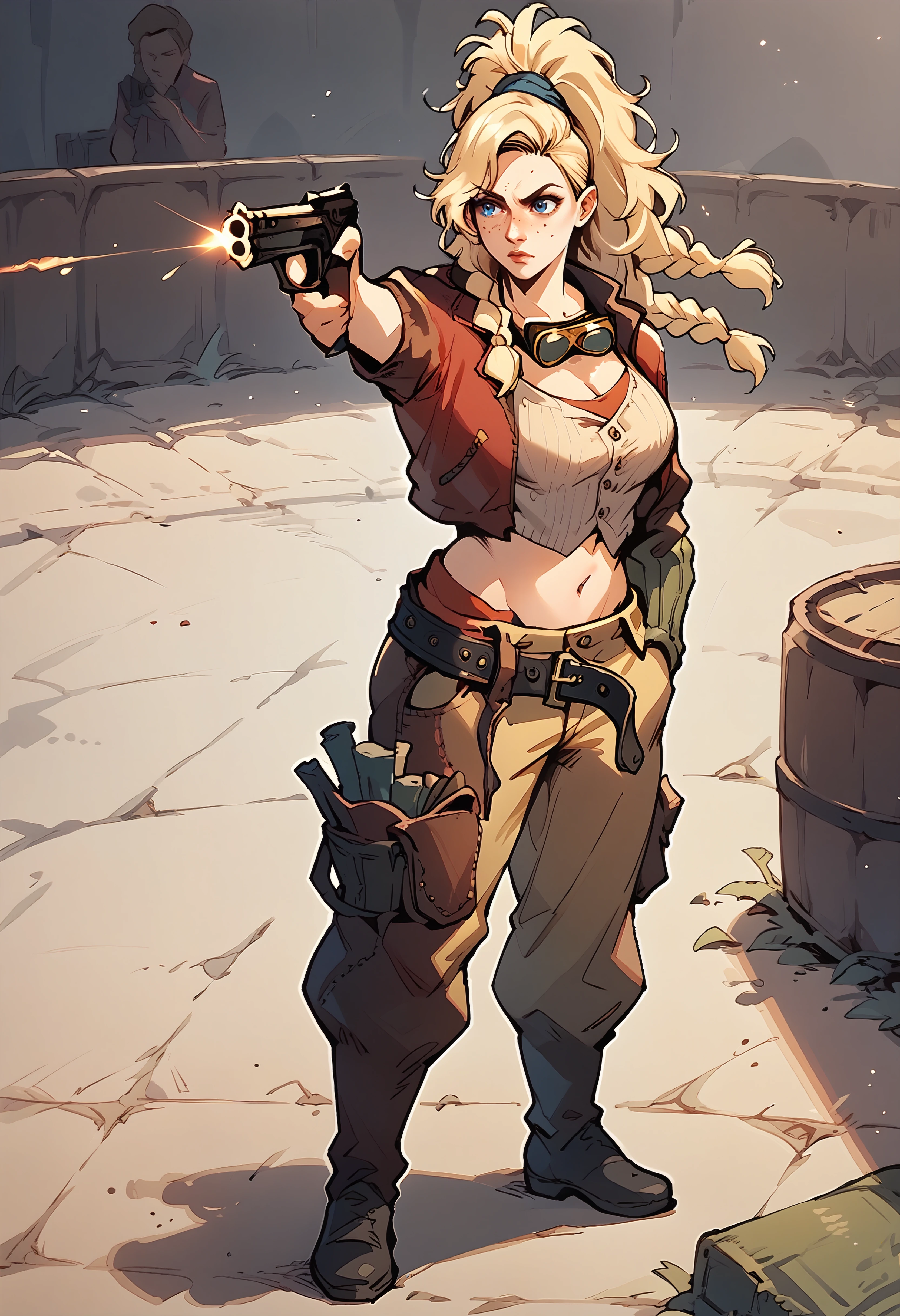 score_9, score_8_up, score_7_up BREAK <lora:clamMHGemmaPD_v10:1> mhGemma, blonde hair, long hair, high ponytail, braid, blue eyes, freckles, goggles around neck, red jacket, crop top, single gauntlet, tool belt, brown pants, chaps, black footwear, large breasts <lora:YusufDikecGunPose_pdxl_Incrs_v1:1> holding weapon, holding gun, handgun, hand in pocket, aiming, full body