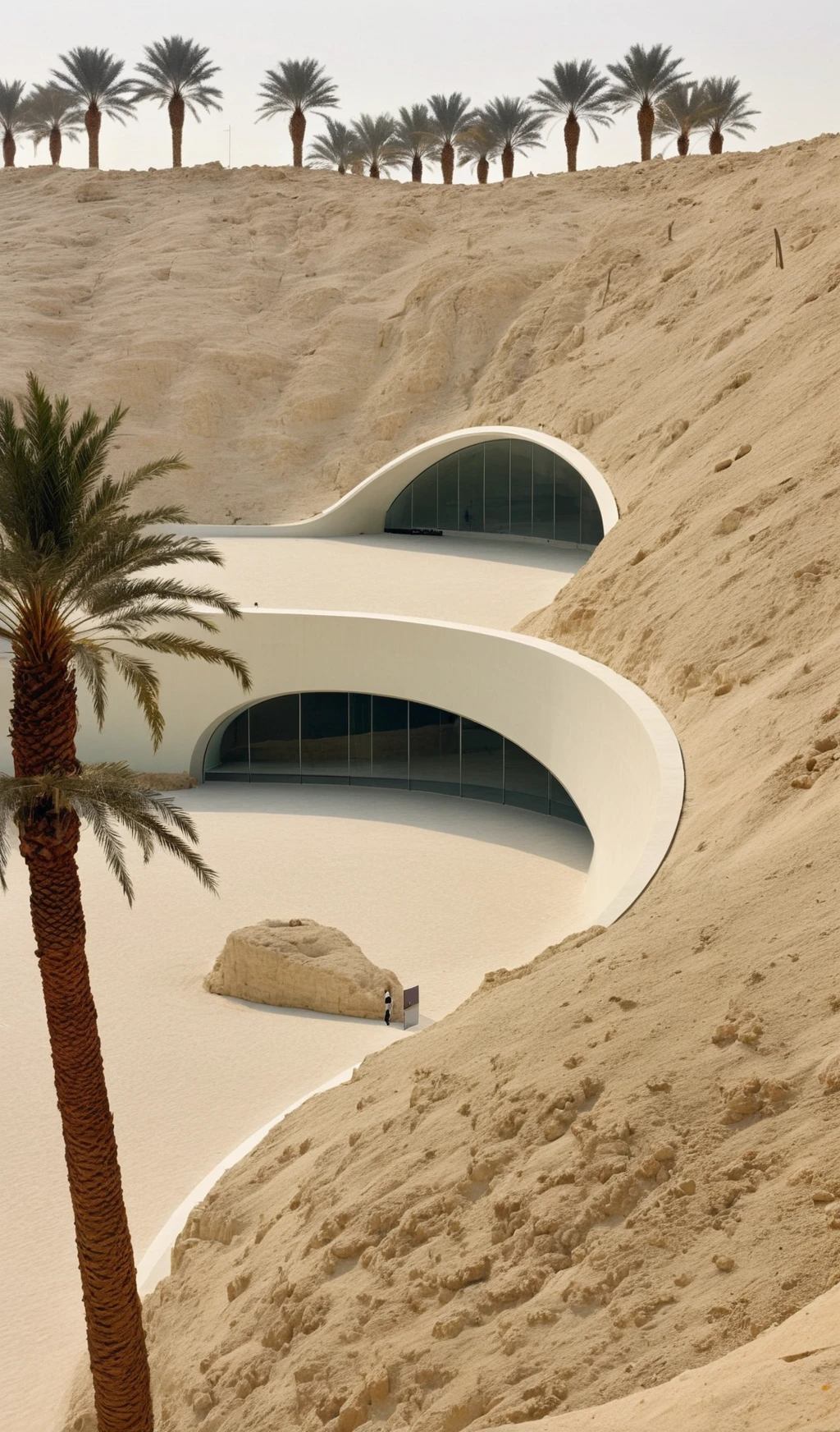 large museum in dubai by the beach large hills with underground museum exhibitions
natural curves
thin roofline
large palm trees
<lora:archmat702:1>