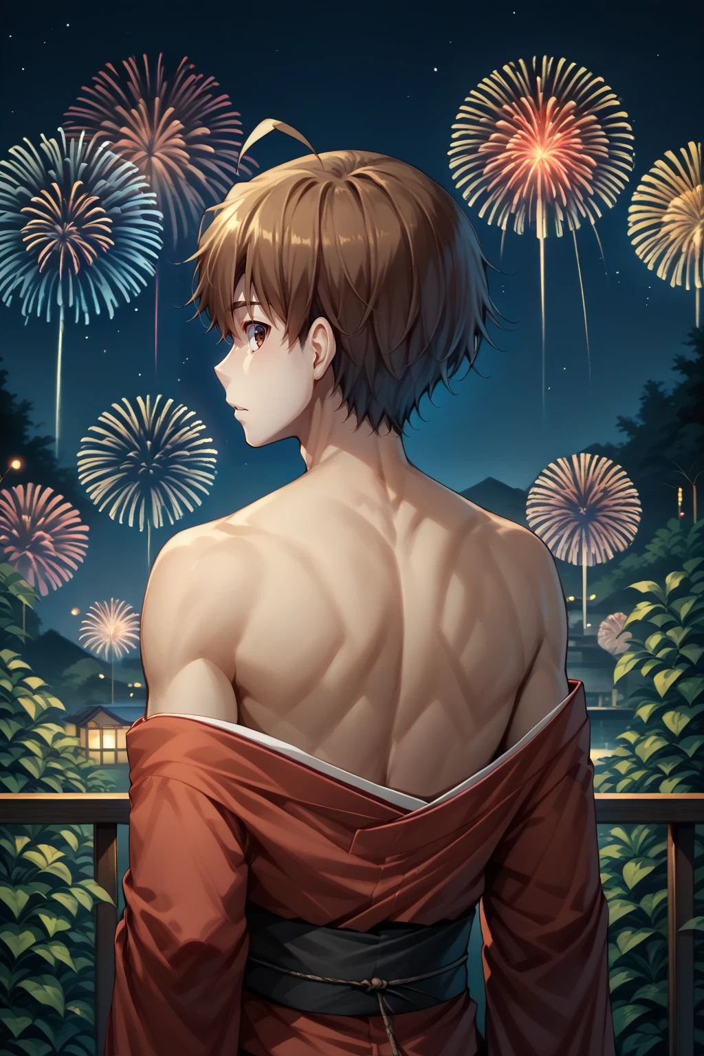 score_9, score_8_up, solo, 1boy, <lora:NSHisaoKatawa:1> NSHisaoKatawa, brown eyes, brown hair, short hair, ahoge, from behind, looking back, red kimono, bare shoulders, fireworks, night, dark