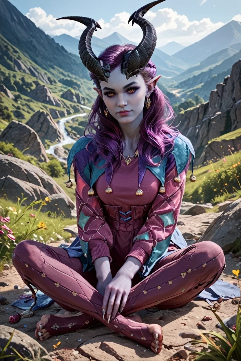 score_9, score_8_up, score_7_up, score_6_up
<lora:BGAlfira:1.0>
BGAlfira, 1girl,demon horns, purple hair, grey skin, looking at viewer, mountain trail, midday, clear and crisp light illuminating the landscape, sitting, full body