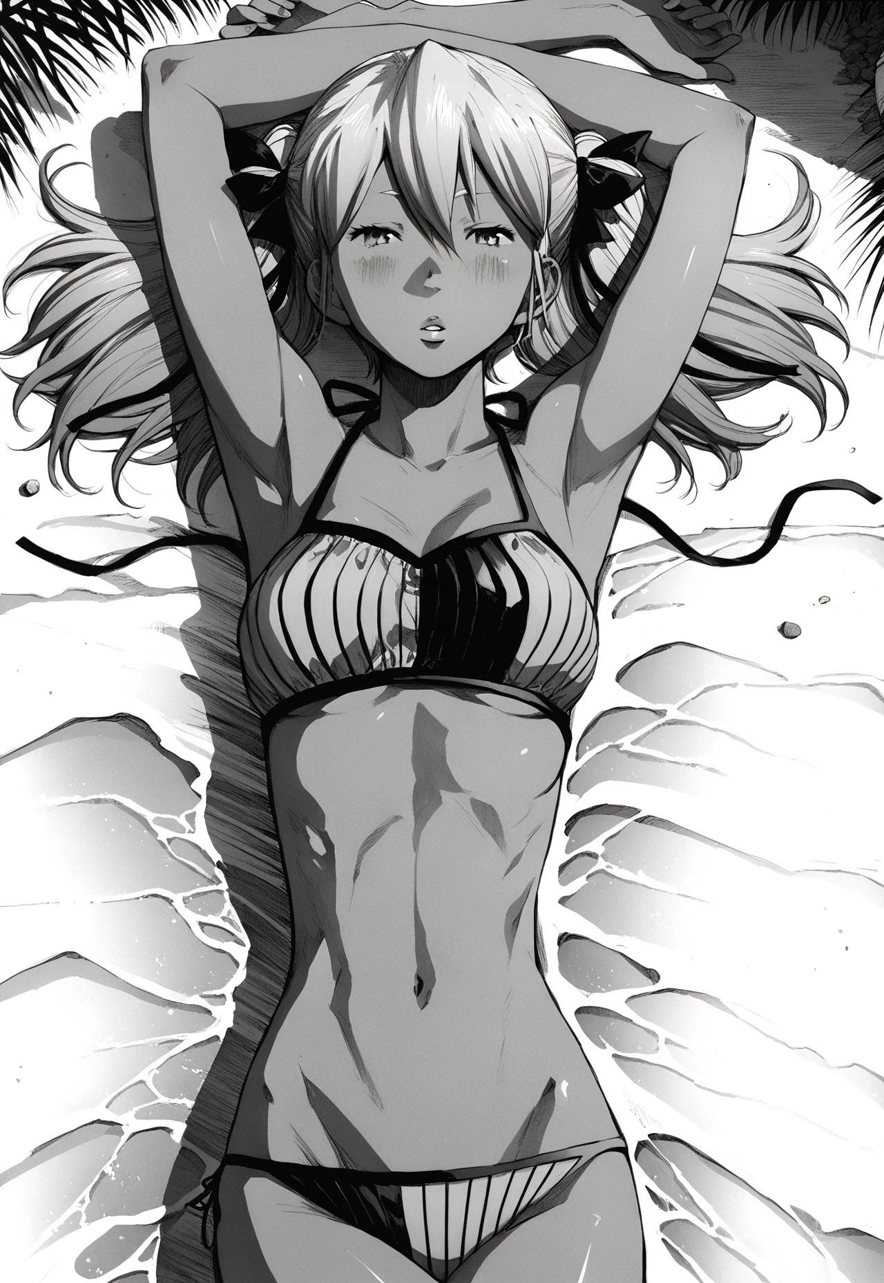 safe_pos, score_9, score_8_up, score_7_up, monochrome, asano inio \(style\), 1girl, medium breasts, gray hair, twintail, hair ribbon, dark skin, lipstick, gray bikini, string bikini, layered bikini, beach, lying, from above, cowboy shot, arms up, parted lips, blush, looking at viewer, seductive