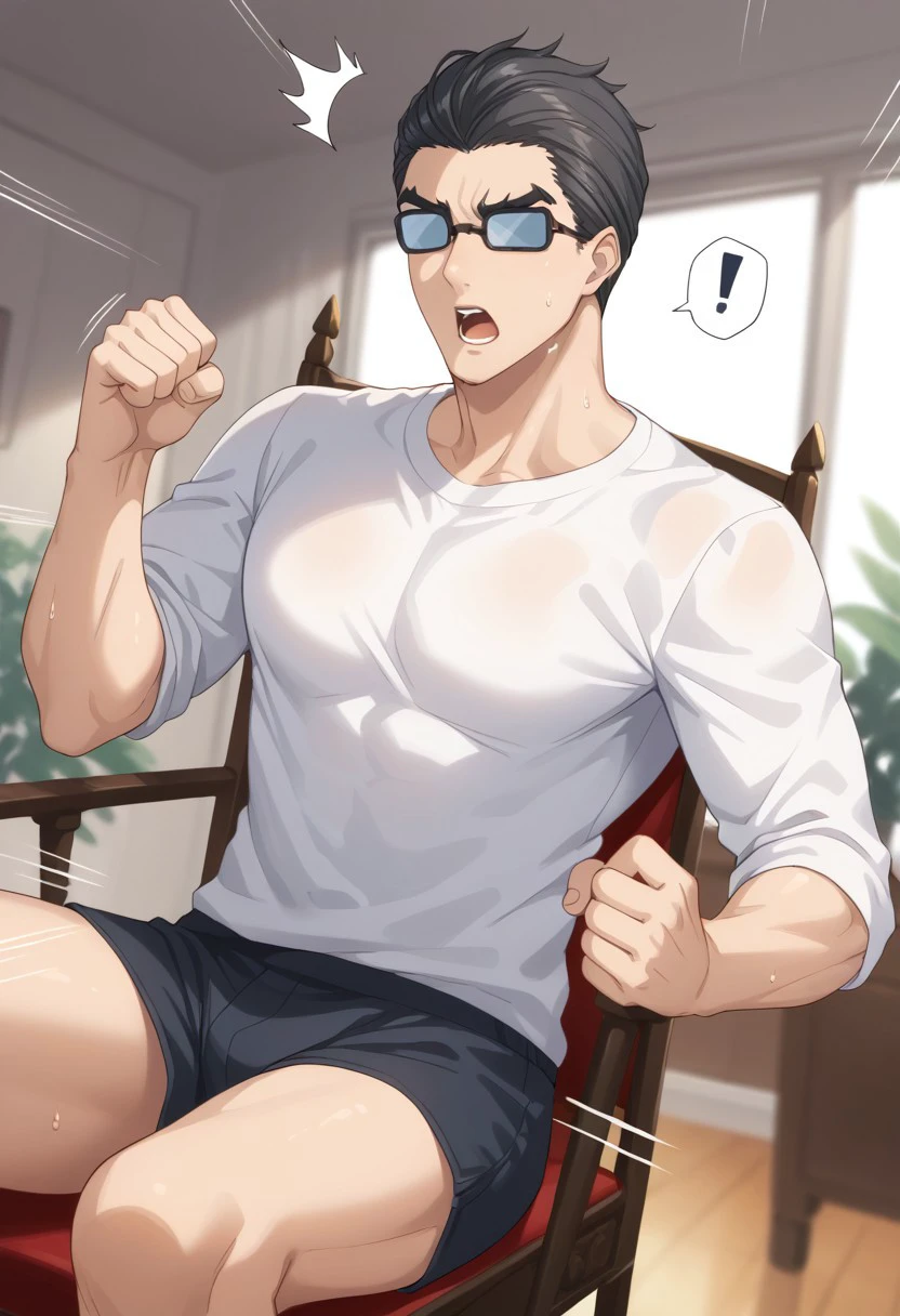 score_9, score_8_up, score_7_up, source_anime, rating_safe, exclamation mark, SoeSNS, black virtual reality opaque glasses, (black Soe hair),1boy, male focus, casual shirt, male underwear, open mouth, sweating, shocked, sitting, fist, fidgeting, motion lines, emphasis lines, blurry indoor living room, rocking chair, realistic shading,