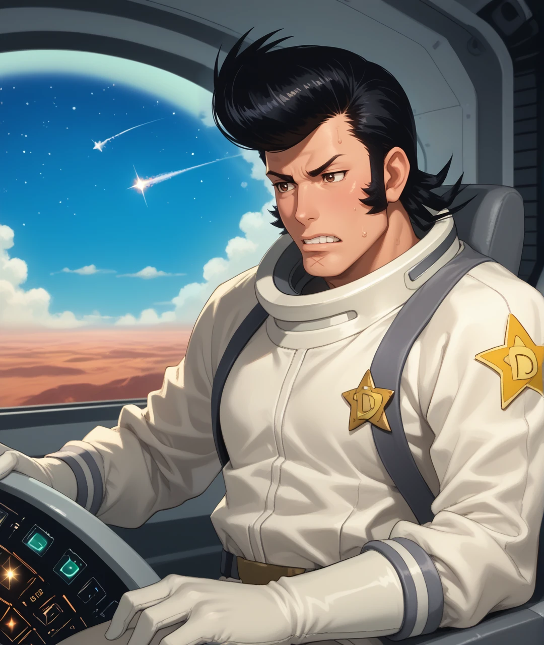 score_9, score_8_up, score_7_up, spacecraft, star \(sky\), cockpit, sparkle,
BREAK
1boy, solo, manly, dandy \(space dandy\), space dandy, (muscular), pompadour, sideburns, black hair, spacesuit, gloves, frown, brown eyes, clenched teeth, sweat, piloting,
<lora:spacedandy:1>