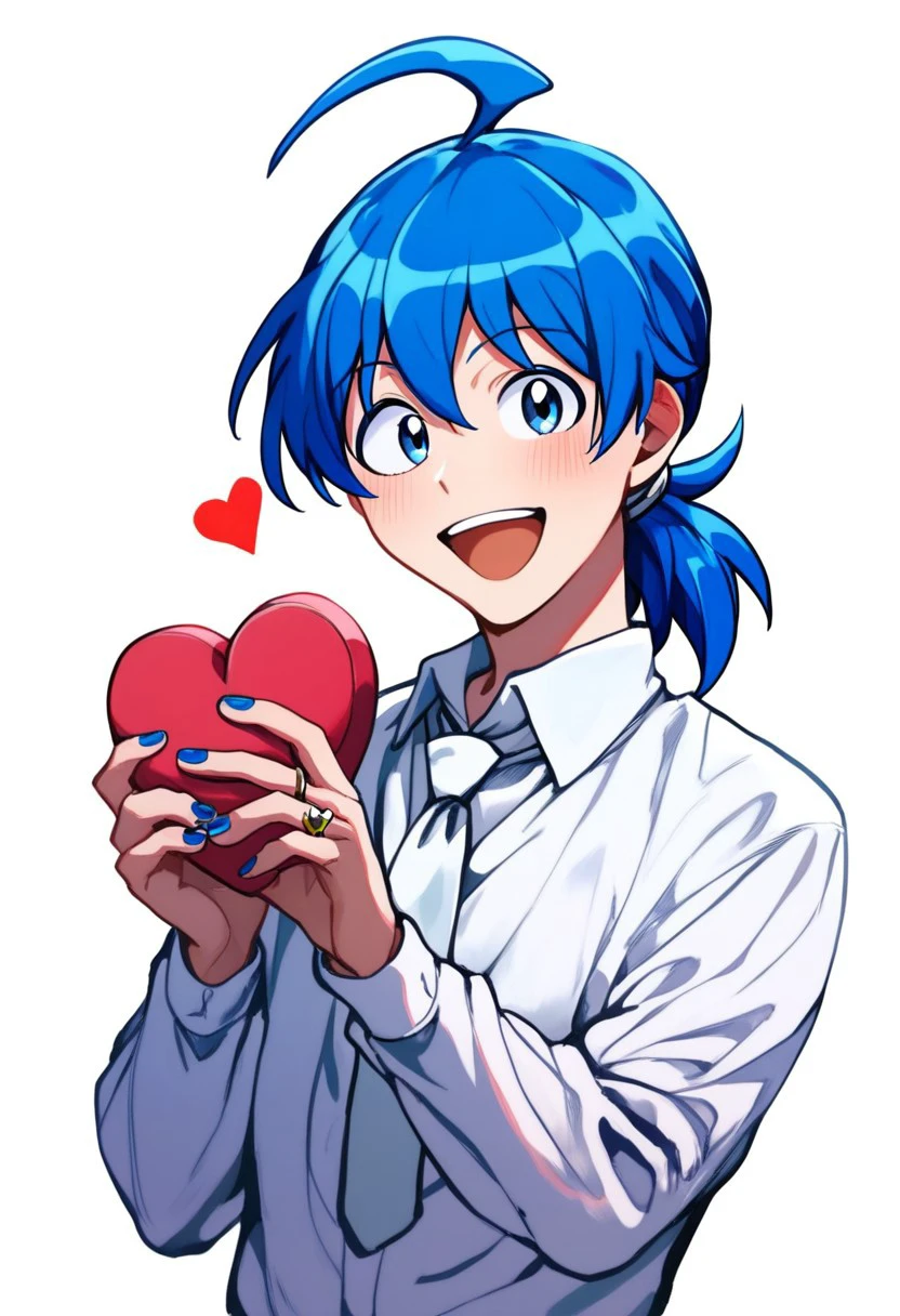 score_9, score_8_up, score_7_up, score_6_up, score_5_up, score_4_up, 
Mairimashita, solo, looking at viewer, blush, smile, open mouth, blue eyes, simple background, shirt, long sleeves, 1boy, white background, holding, jewelry, blue hair, white shirt, upper body, ponytail, ahoge, male focus, heart, necktie, collared shirt, nail polish, ring, box, gift, blue nails, valentine, white necktie