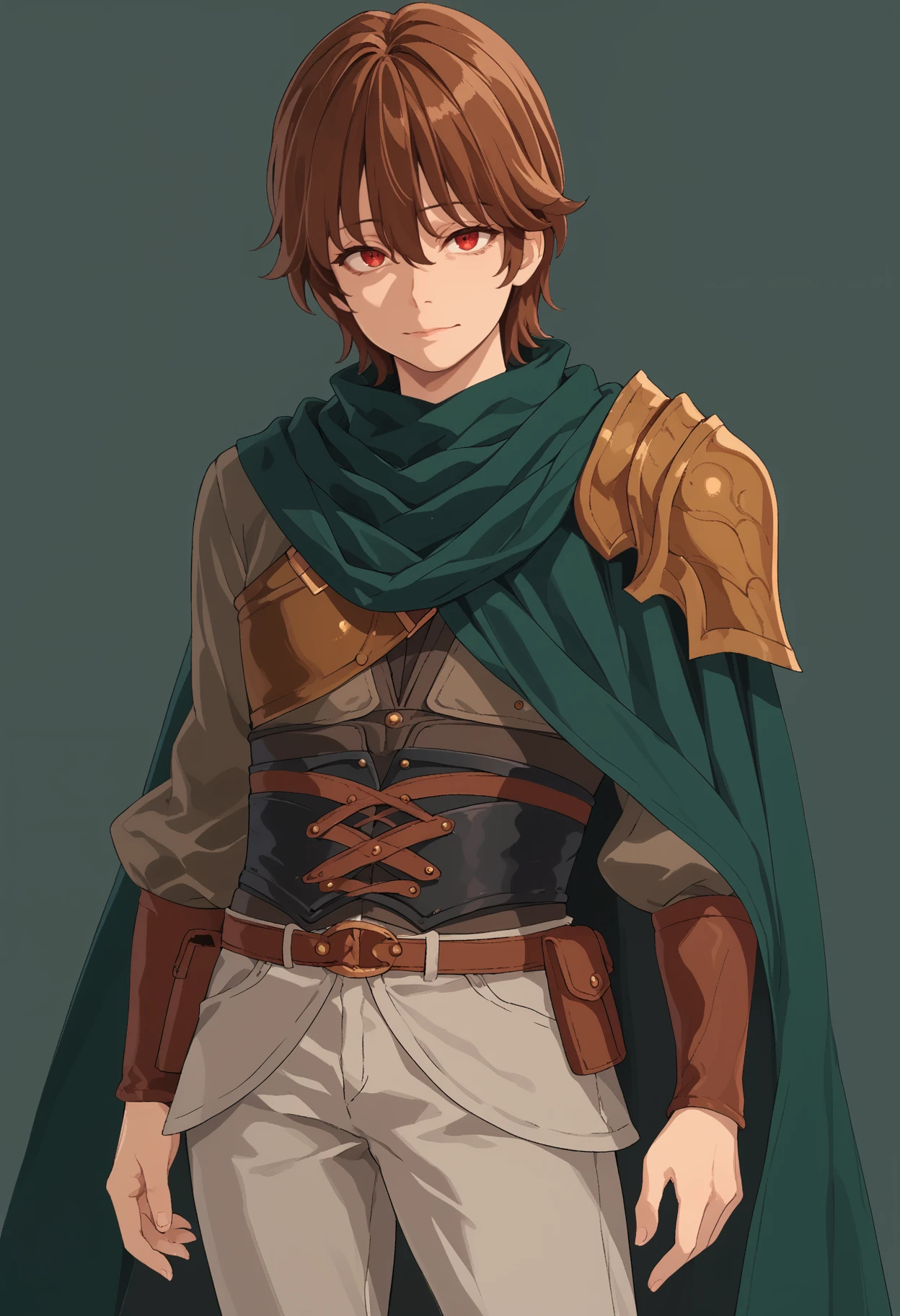 score_9, score_7_up, solo, standing, keyaruroh, brown hair, hair between eyes, red eyes, green shirt, corset, single pauldron, bracer, armor, multiple belts, bandolier, green cape, belt, pouch, grey pants,   <segment:yolo-AnzhcFaceseg640v2y8n.pt,0.4,0.3>