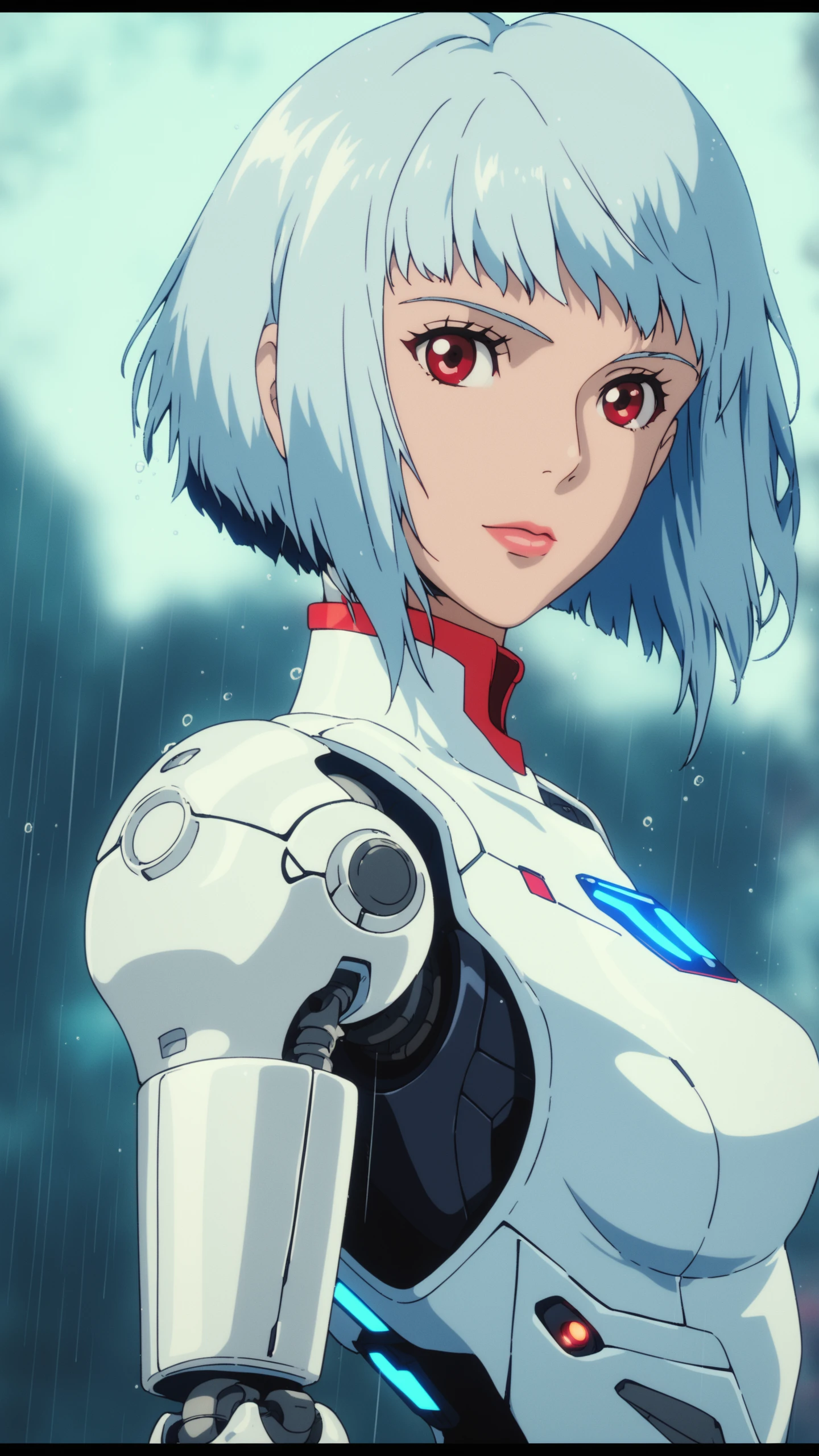 ghibli, score_9, score_8_up, score_7_up, 1girl, solo, breasts, looking at viewer, short hair, bangs, red eyes, closed mouth, blue hair, upper body, white hair, blurry, from side, lips, depth of field, blurry background, glowing, letterboxed, science fiction, rain, android, cyborg, robot joints, cyberpunk