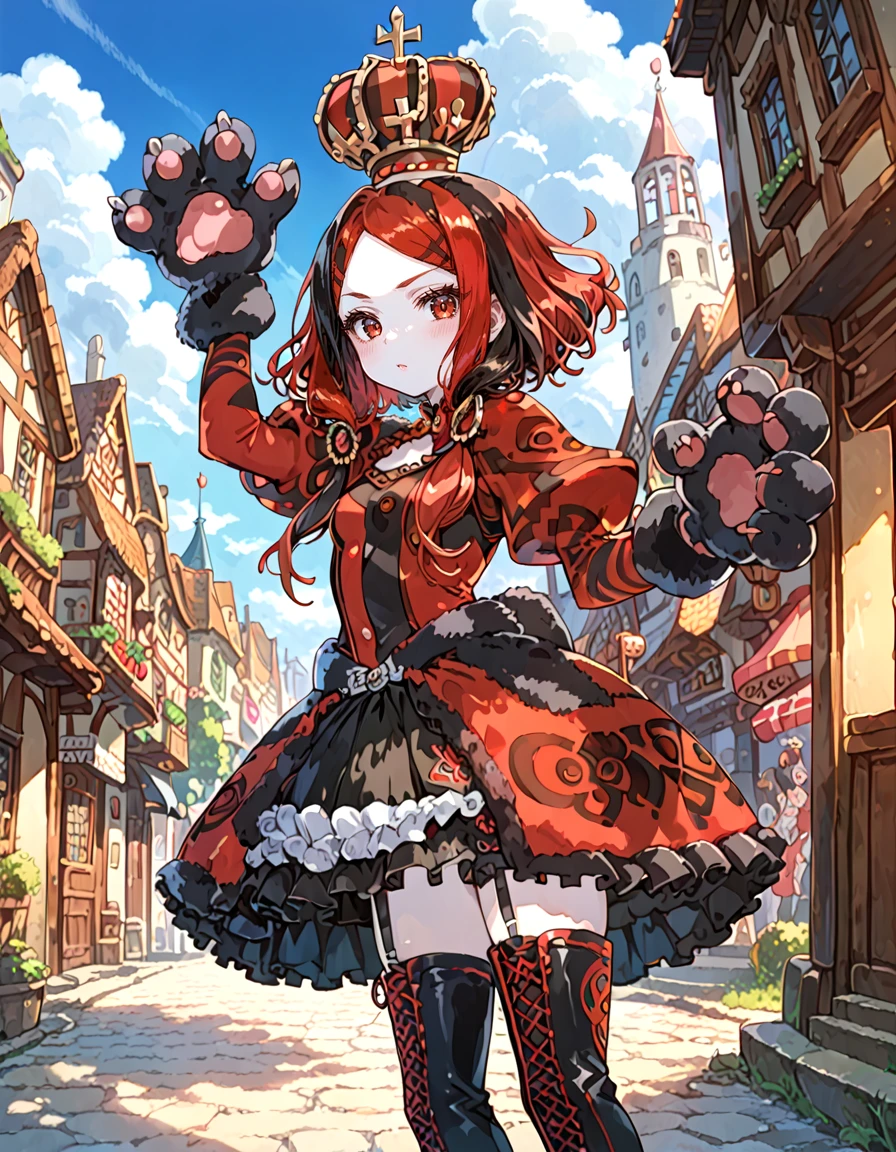 <lora:lovredqueen03:0.8>lovredqueen,
score_9, score_8_up, score_7_up,
1girl, pale skin, multicolored hair, black hair, garter straps, thigh boots, cross-laced footwear, animal hands,tomatika,
looking at viewer,standing, 
town, outdoors, blue sky,