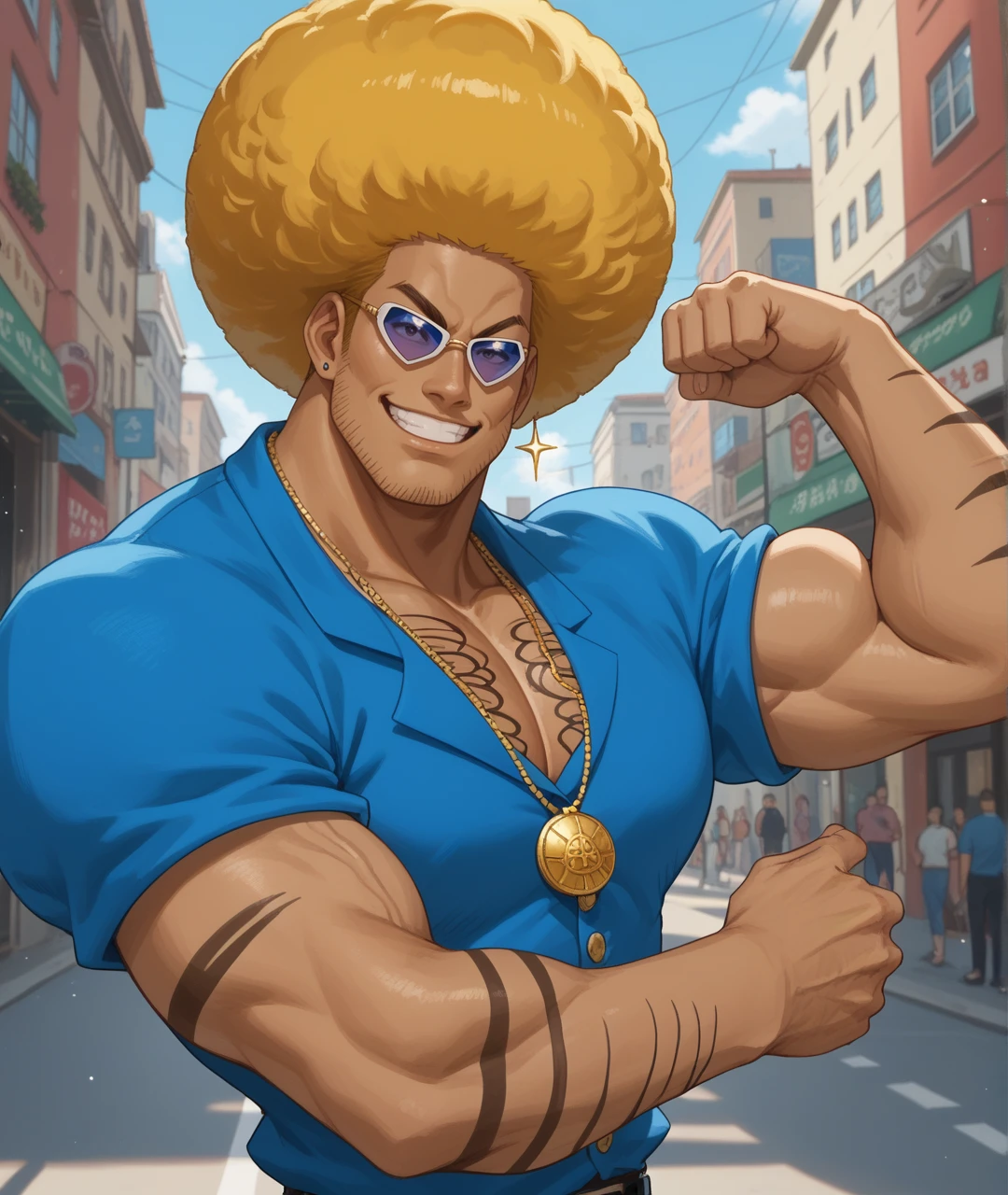 score_9, score_8_up, score_7_up, street,
BREAK
1boy, solo, bobobo-bo bo-bobo, afro, (fu manchu), blonde hair, muscular, blue shirt, (sunglasses), necklace, chest hair, arm hair, dark-skinned male, manly, flexing, smug, big smile, teeth, sparkles
<lora:Bobobo-bo_Bo-bobo:1>