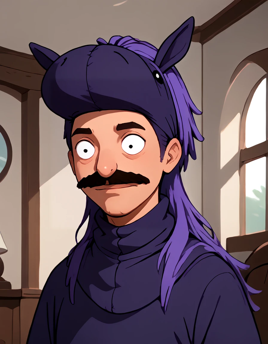 <lora:bobcephala_-_Bobs_Burgers:0.9> 1boy, purple horse costume, facial hair, mustache, upper body,  indoors,  turned, source_cartoon, score_9, score_8_up, score_7_up,