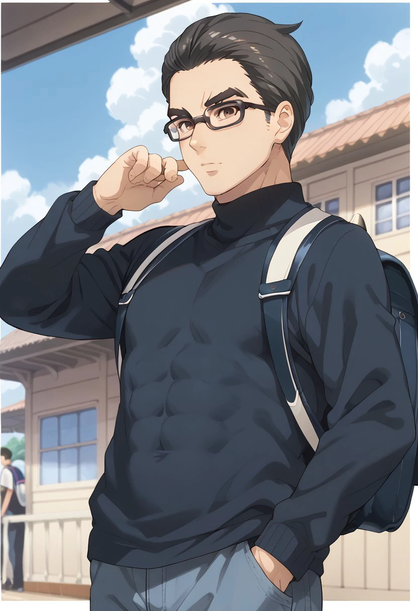 score_9, score_8_up, score_7_up, source_anime, rating_safe, window border, SoeSNS, brown eyes, black glasses, (black Soe hair), 1boy, male focus, mature male, black turtleneck, bag, backpack, covered abs, hands with five fingers, blurry open train station, rural, sky, solo focus, cute wallpaper,