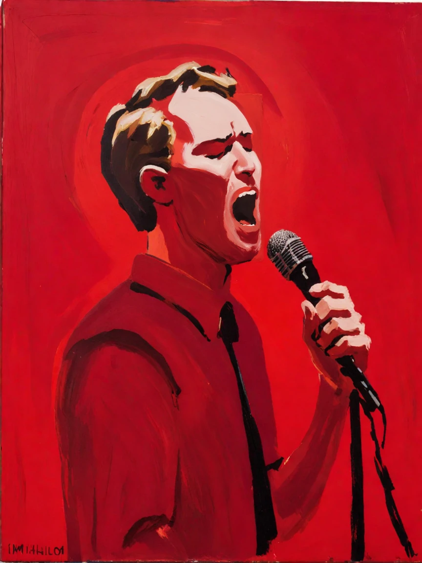 <lora:kimholmXL:1> kimholm, painting (medium), red background, man singing