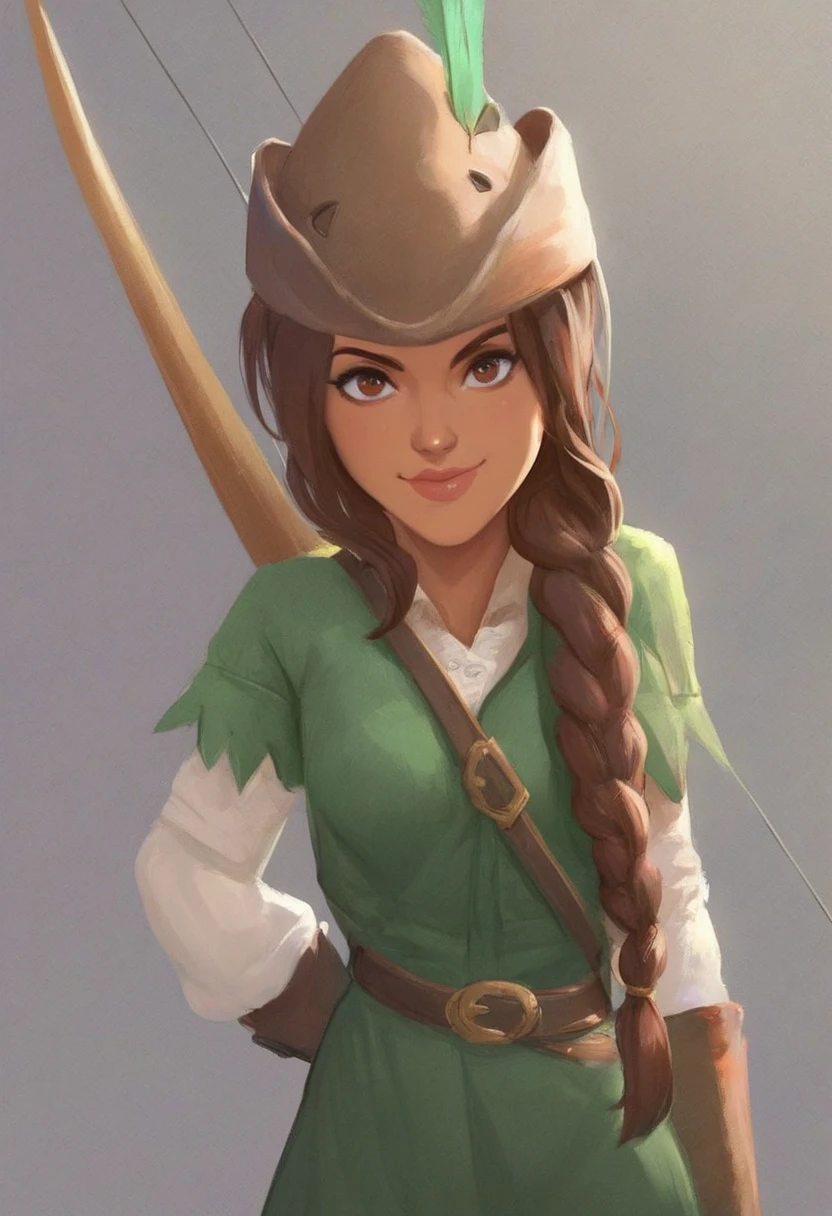 score_9, score_8_up, score_7_up, 1girl, solo,  carol_of_the_arrow, brown hair, brown eyes, dark skin, braid, long hair, belt, hat, green tunic, green tights, dynamic posing, dynamic angle, looking at viewer, light smile, simple background