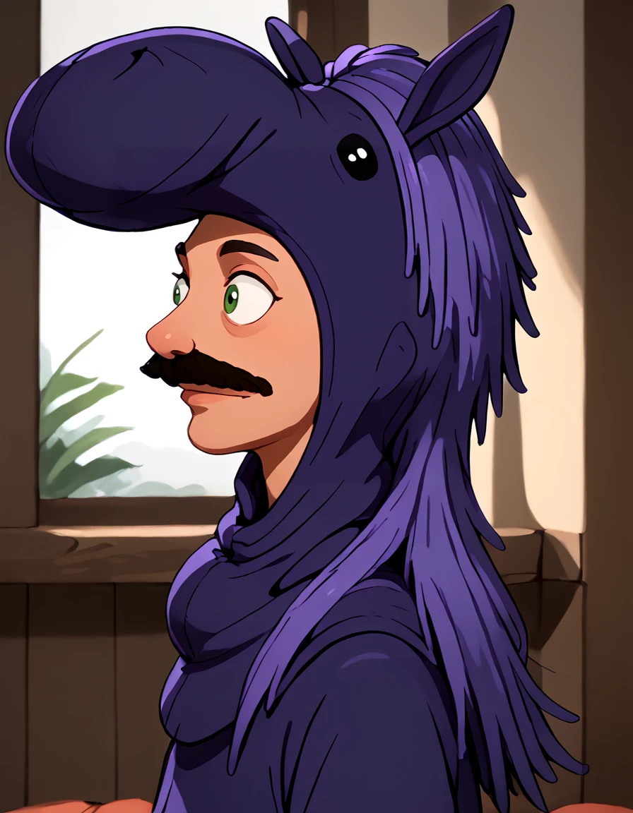 <lora:bobcephala_-_Bobs_Burgers:0.9> 1boy, purple horse costume, facial hair, mustache, portrait,  indoors,  viewed from side, three quarters view,, source_cartoon, score_9, score_8_up, score_7_up,