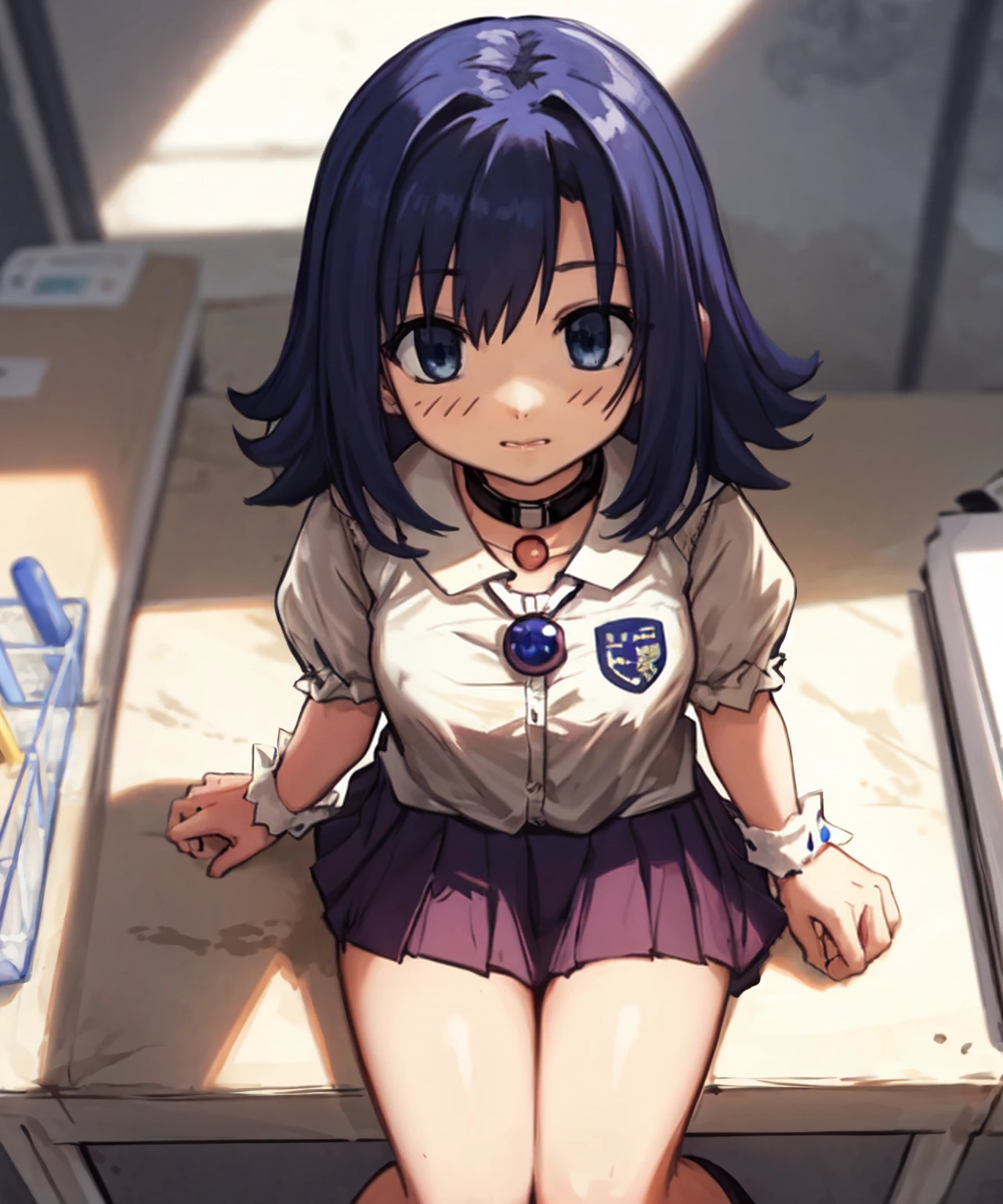 masterpiece, best quality, highres, 1girl, solo, looking at viewer,cute, from above, laboratory, day, sunny, arm support, giggling
<lora:clotho-10:1> clotho, blue eyes, blue hair, white shirt, short puffy sleeves, miniskirt, school uniform, jewelry, necklace, collar