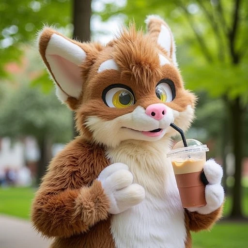 fursuit, fluffy body, furry costume, furry, dragon, yellow eyes. white horns, holding bubble tea, in park