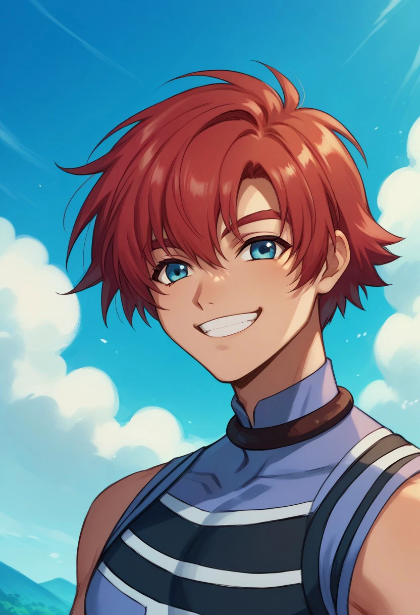 score_9, score_8_up, score_7_up, source_anime, highly detailed, 
reidhershel, solo, male focus, 1boy, red hair, blue eyes,
smile, grin, portrait,
outdoor, sky