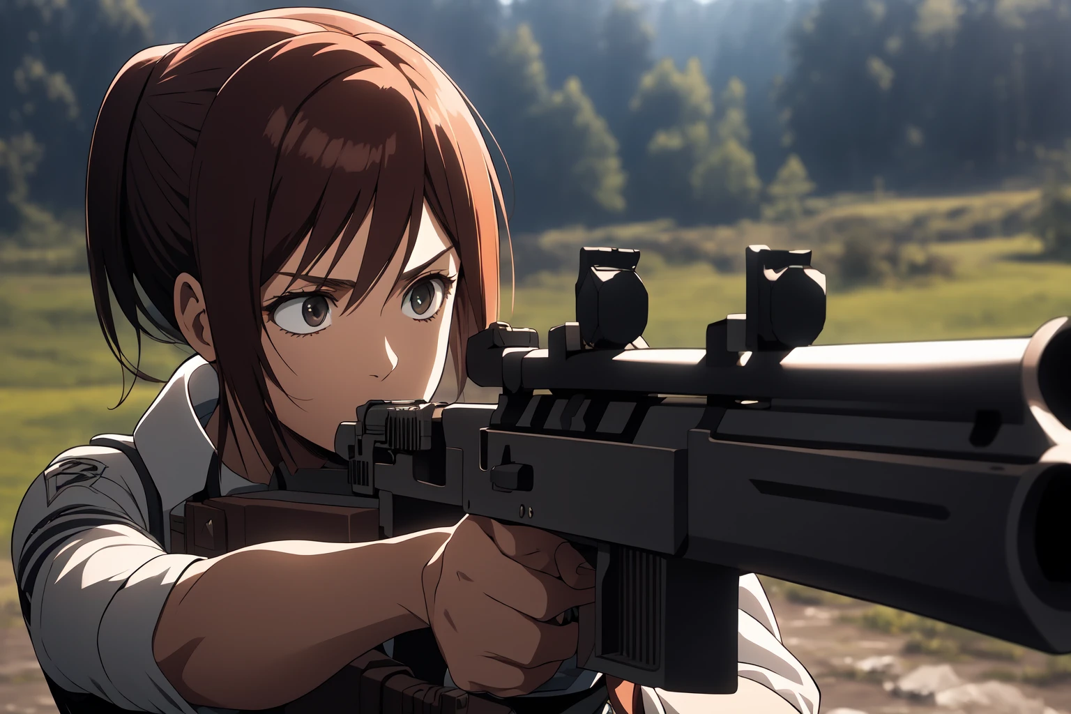 (RAW photo, best quality), 1girl,  natural lighting <lora:aot_sasha_young_v1_2:1> aot_sasha, rifle, aiming,