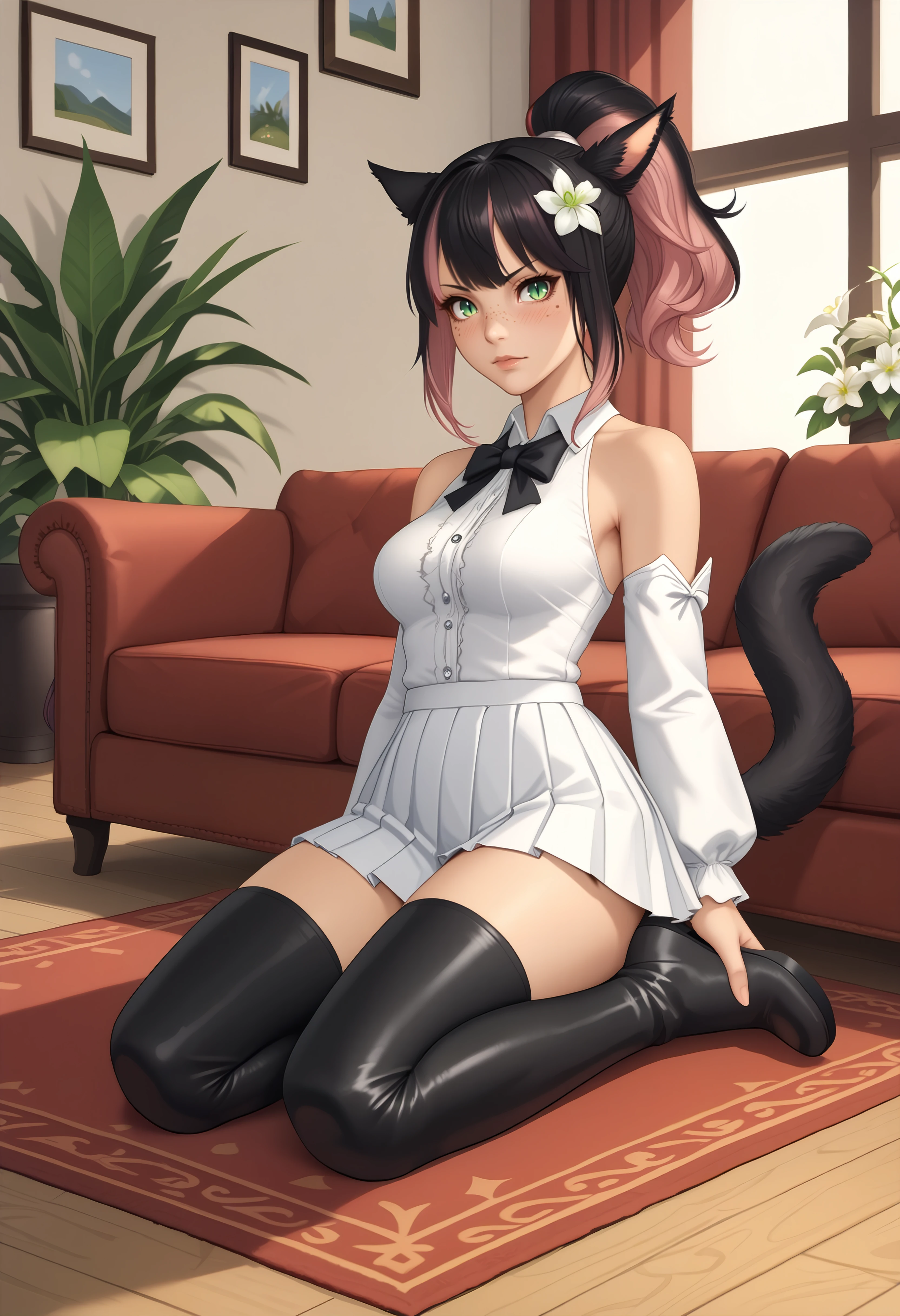 score_9, score_8_up, score_7_up BREAK <lora:clamXIVMC_v31:1> solo, 1girl, xivmc, animal ears, two-tone hair, ponytail, green eyes, slit pupils, freckles, tail, white flower in hair, white top, bare shoulders, detached sleeves, black bowtie, breasts, white skirt, pleated skirt, miniskirt, zettai ryouiki, thigh boots, black thighhighs, black footwear, indoors, couch, window, rug, wooden floor, plant, blushing, looking at viewer