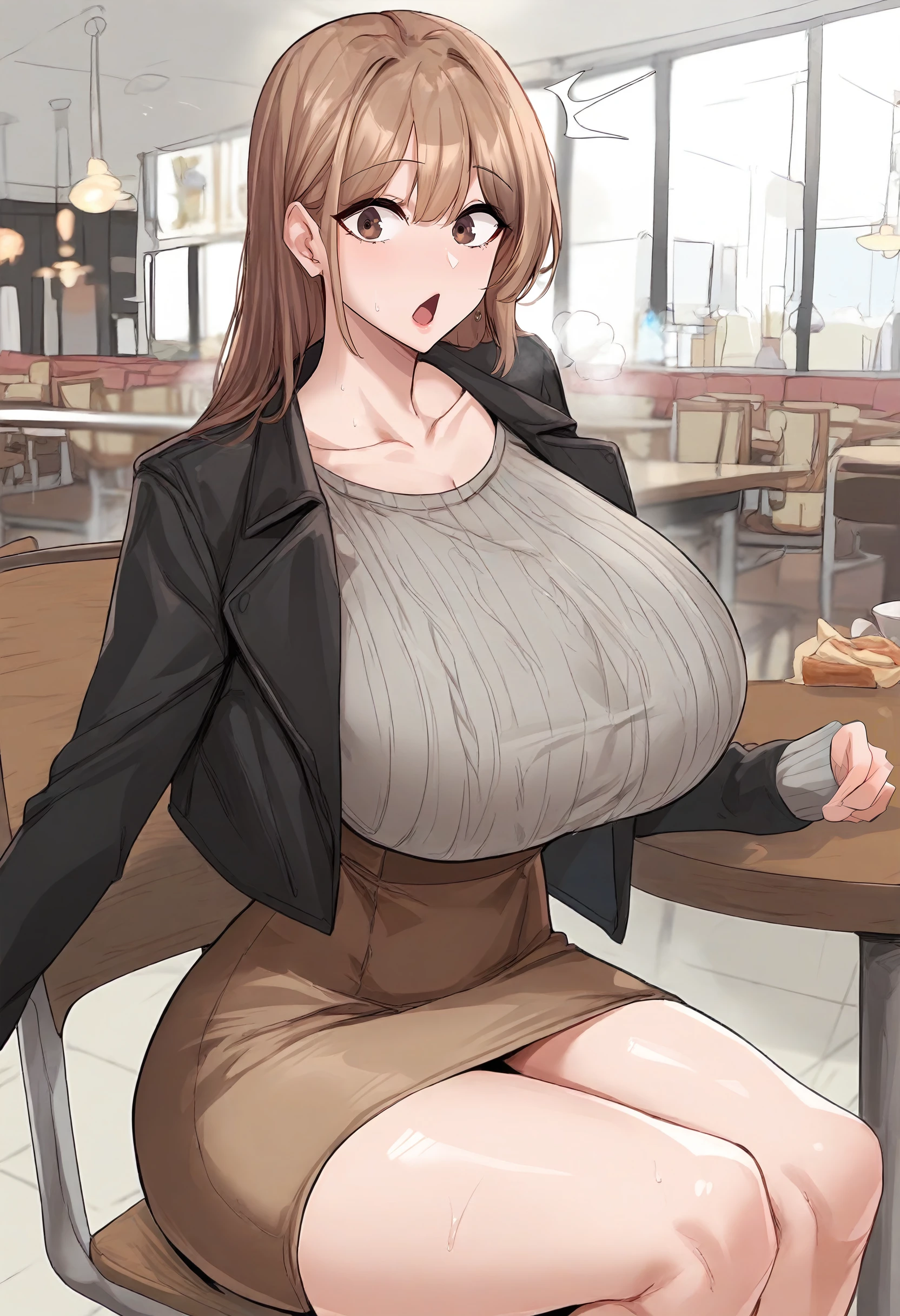 masterpiece, (ultra detailed:1.2), (ultra realistic:1.2), young korean woman, bar staff, detailed face, beautiful face, (gigantic breasts:1.5), (bursting breasts:1.2), (pleased expression:1.2), thin, slender, leaning forwards, strap top, (holding dollar bills:1.2), crowded bar