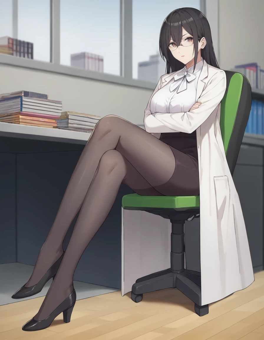 score_9, score_8_up, score_7_up, source_anime,
1girl, solo, looking at viewer, blurry background, full body, crossed arms, sitting, office chair, crossed legs, table, books, office, window,
<lora:mayuri_hanyu_anime-soralz:1>,
mayuri hanyu, long hair, black hair, hair between eyes, brown eyes, glasses
white coat, white bow, white shirt, black pencil skirt, black pantyhose, black high heels, one leg up,