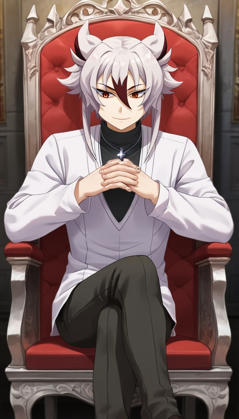 rating_safe, embedding:zPDXL2,  looking_at_viewer,1boy,kyoya gaen,own hands together,cross necklace,white v-neck shirt,black turtleneck,smile,throne, crossed legs,sitting,
