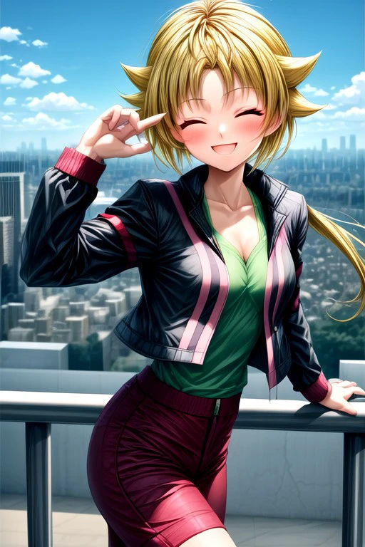 masterpiece_portrait, high quality, canvas, beyblade shogun steel, ren kurenai, 1girl,closed eyes, blonde hair, low ponytail, open mouth, smile, long hair, jacket, blush, black jacket, breasts, shirt, collarbone, ^ ^, green shirt,blue sky, city, dynamic pose, standing split, looking at you, breasts, smug, sneakers, fit Show less