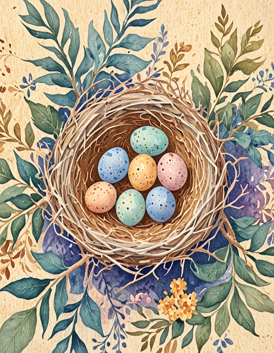 novuschroma75 style watercolor overhead view of a bird nest with eggs  <lora:novuschroma75 style:1>, <lora:sdxl_lightning_8step_lora:1>