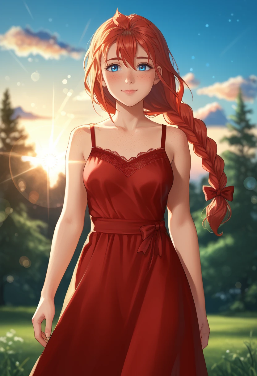 score_9, score_8_up, score_7_up,
best quality, masterpiece, ultra detailed,
22 years old, 170 cm height,
<lora:Expressive_H:1>, blush, closed mouth, light smile,
bokeh, blur, blurry background
looking at viewer, dynamic pose, 
<lora:Everlasting_Summer_Ulyana_adult_verion_by_GraffMetal_V1:1>, ulyana, braid, red hair, blue eyes, dark skin, face freckles, medium breasts, body freckles, bangs, hair between eyes, straight hair, solo,
red lace bow dress, 
detailed image, high quality detailed, UHD, beautiful art UHD, bokeh, DSLR, soft lighting, high quality, film grain, Fujifilm XT, fine-tuned details, style of Jovana Rikalo, 
amazing background, outdoors, nature, sunset, cozy, star, stars, cloud, clouds, sky, wind,
<lora:Everlasting_Summer_Vanilla_Art_Style_by_GraffMetal:0.7>,
<lora:Everlasting_Summer_Vanilla_Backgrounds_by_GraffMetal:0.7>,